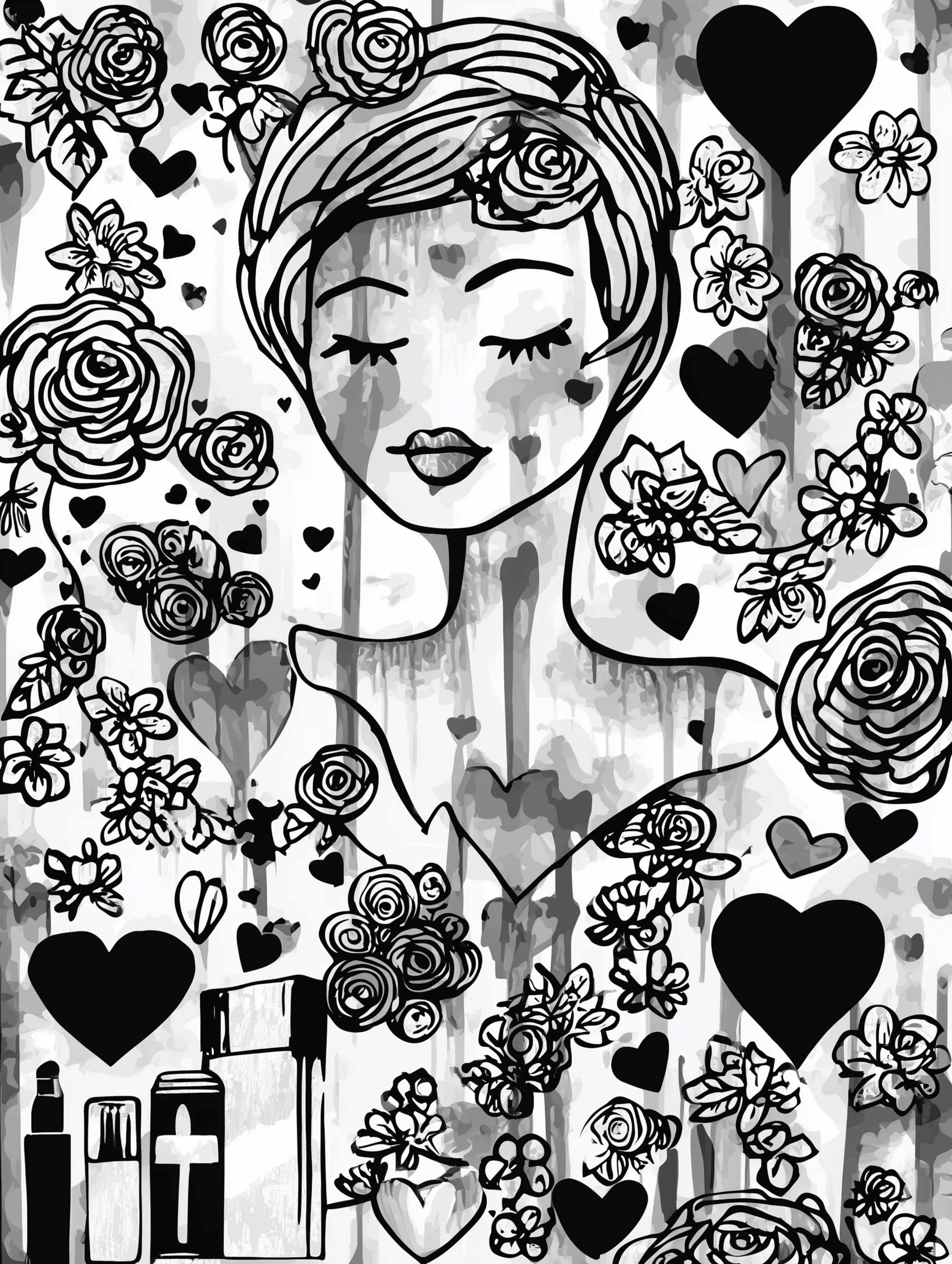 Free printable makeup coloring page for adults featuring a woman with makeup and flowers on her shoulders